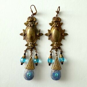 Vintage 1930s Czech Blue Crystal & Rhinestone Art Deco Floral Brass Earrings